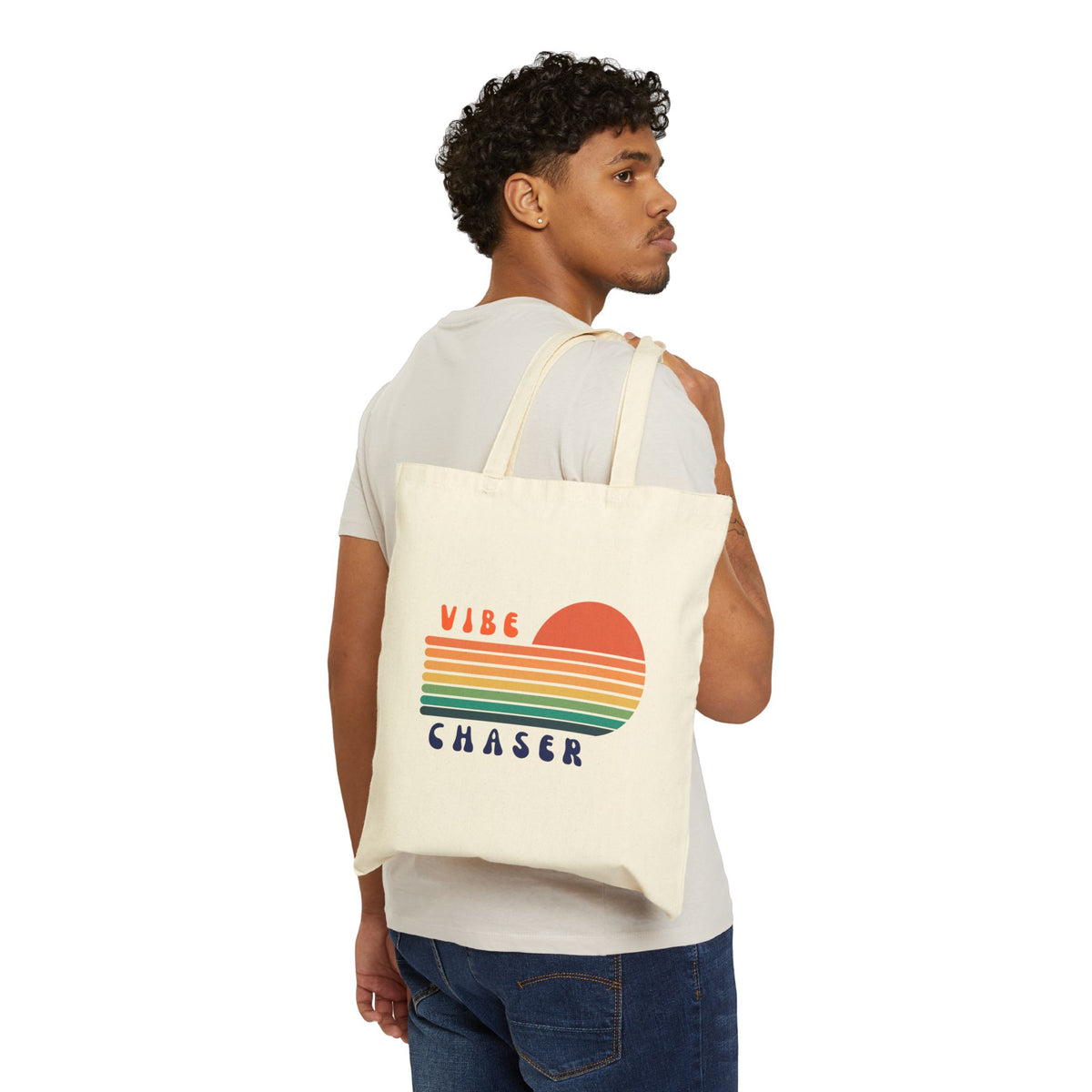 Vibe Chaser Canvas Tote – Retro Sunset Stripe Eco Grocery Bag
