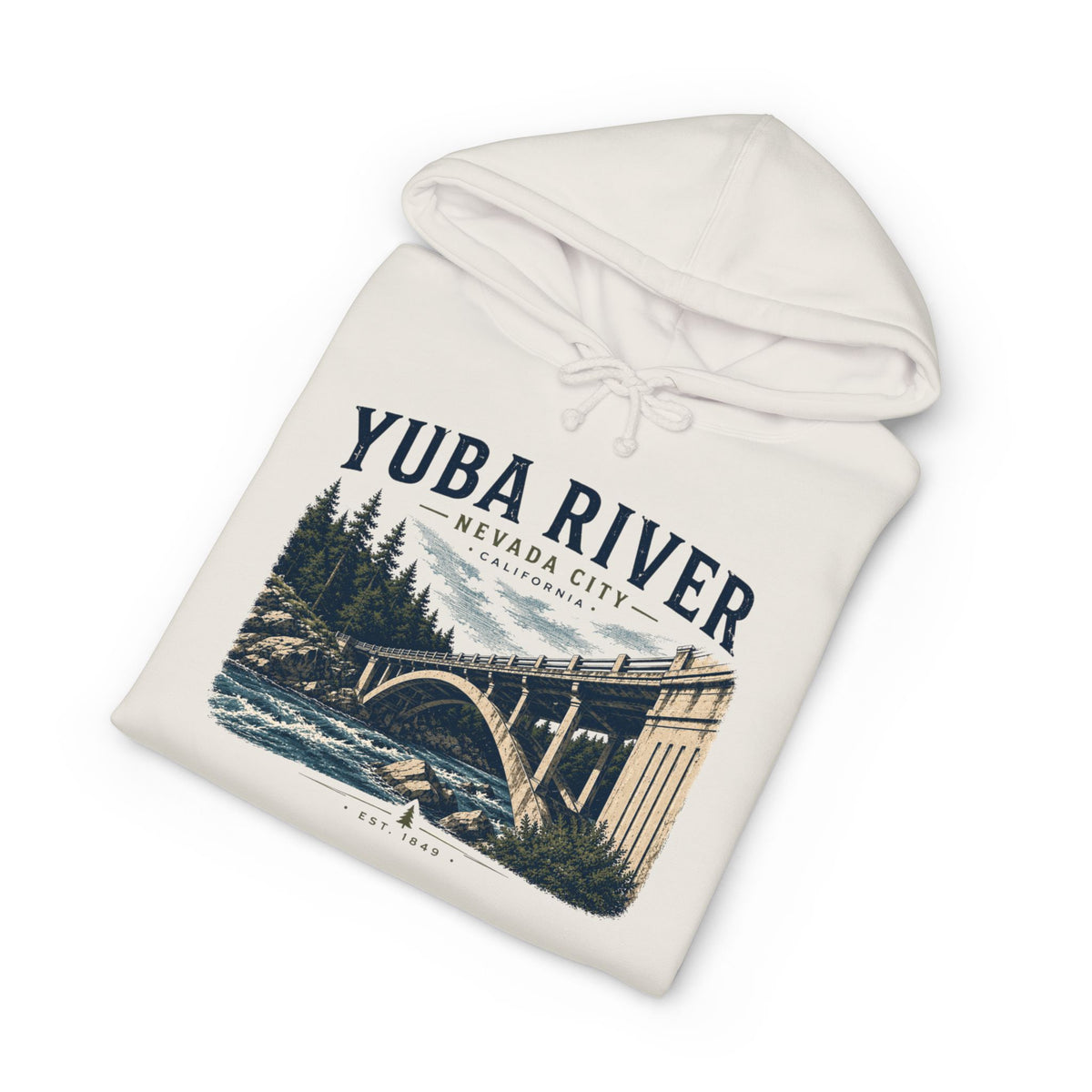 Yuba River Vintage Bridge Hoodie — Nevada City Scenic Outdoor Pullover