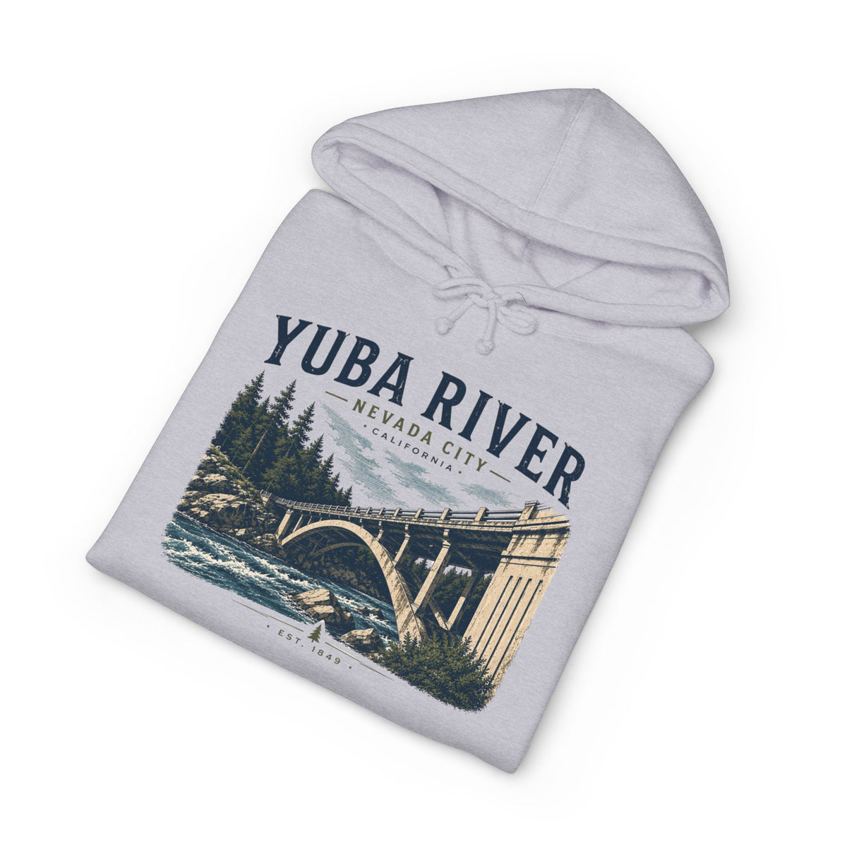 Yuba River Vintage Bridge Hoodie — Nevada City Scenic Outdoor Pullover