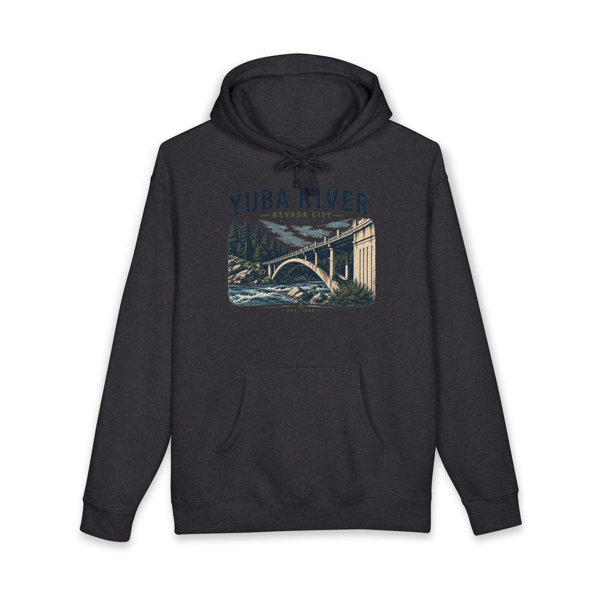 Yuba River Vintage Bridge Hoodie — Nevada City Scenic Outdoor Pullover