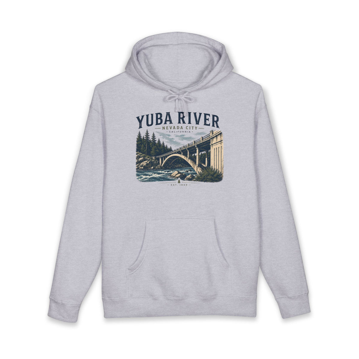 Yuba River Vintage Bridge Hoodie — Nevada City Scenic Outdoor Pullover
