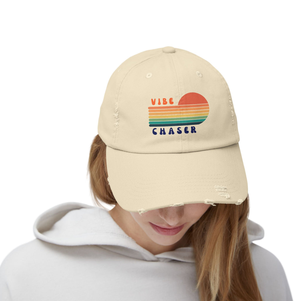 Vibe Chaser Vintage Hat – Retro Sunset Distressed Cap | Washed Cotton Dad Hat | Good Vibes Apparel