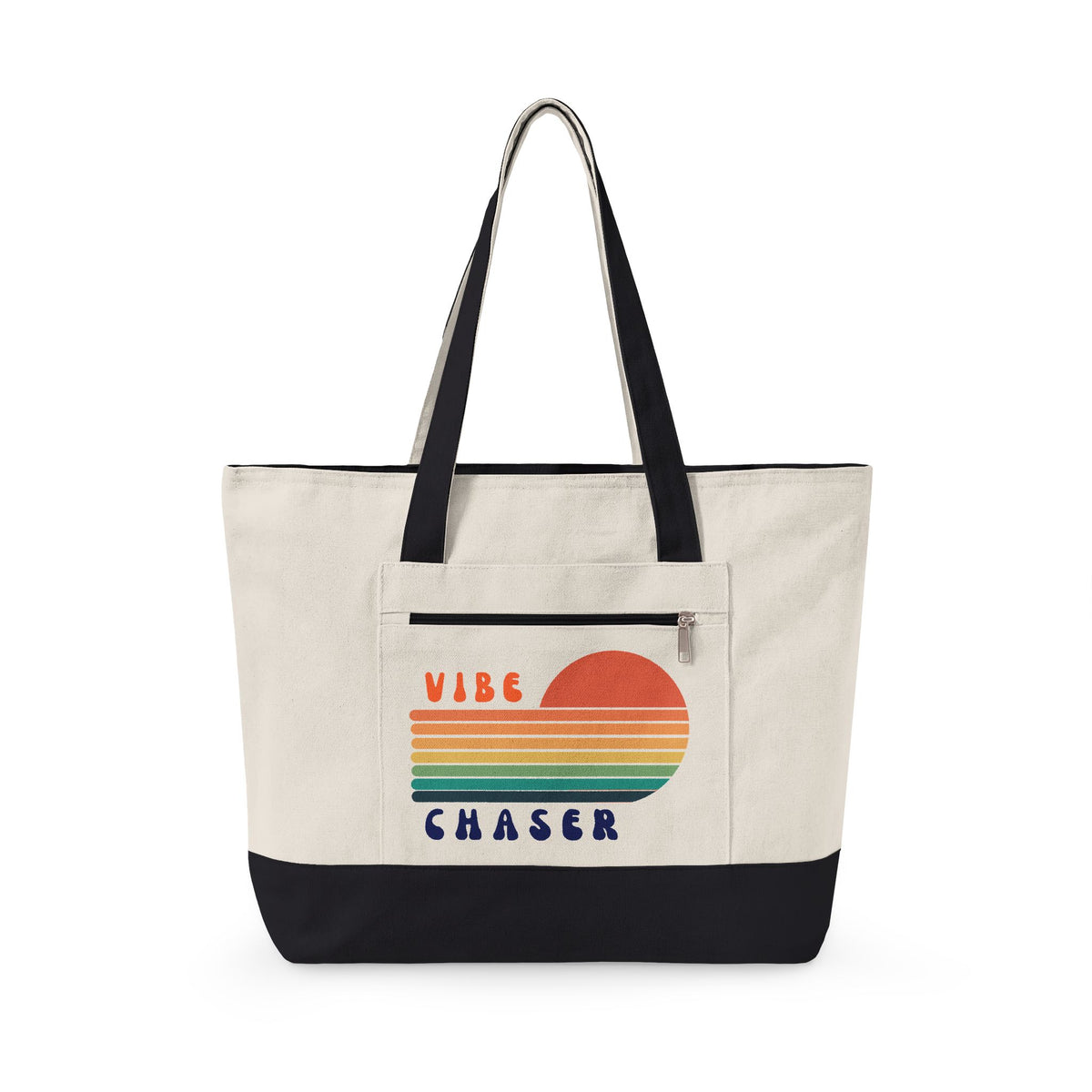 Canvas Tote — "Vibe Chaser" Retro Rainbow Sunset Zippered Tote