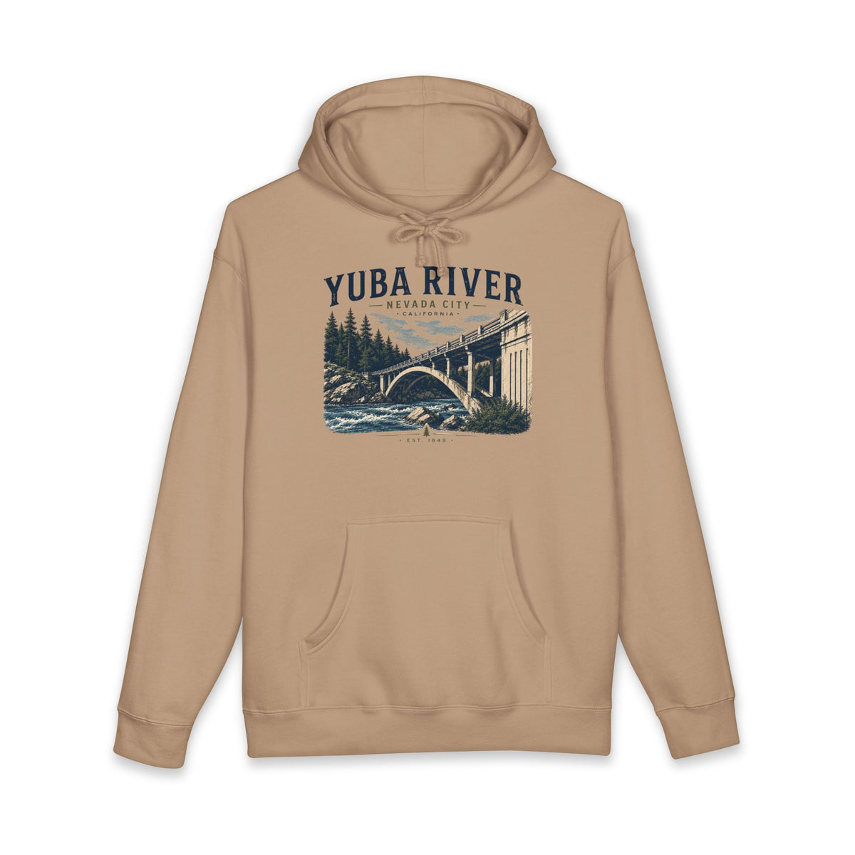 Yuba River Vintage Bridge Hoodie — Nevada City Scenic Outdoor Pullover