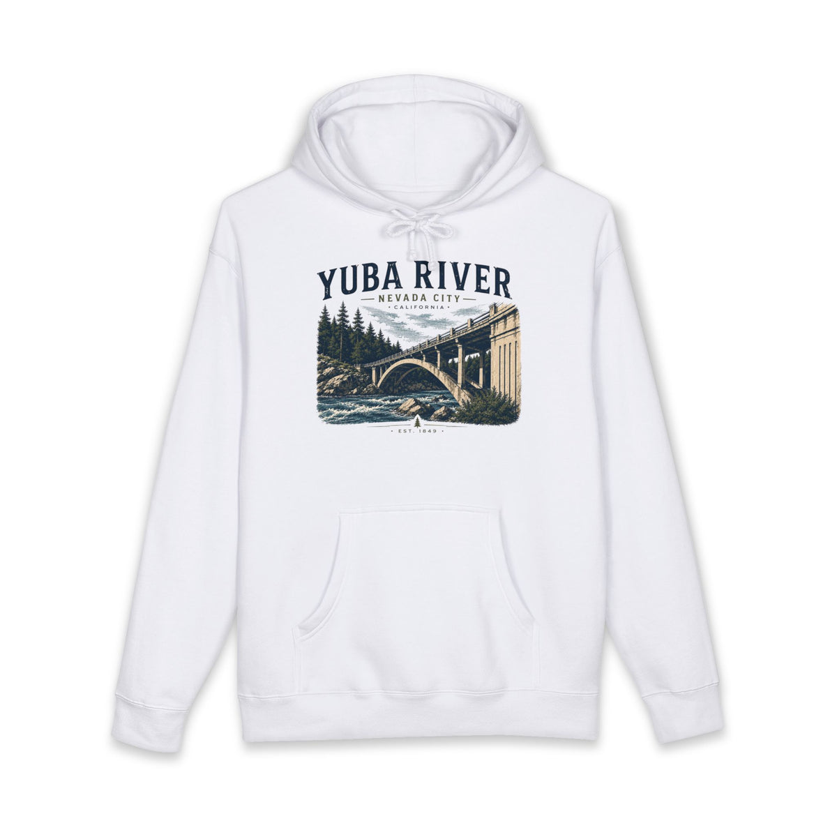 Yuba River Vintage Bridge Hoodie — Nevada City Scenic Outdoor Pullover