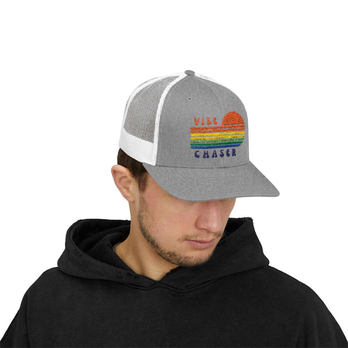 Vibe Chaser Trucker Hat – Retro Sunset Patch Cap | Outdoor Snapback | Good Vibes Hat