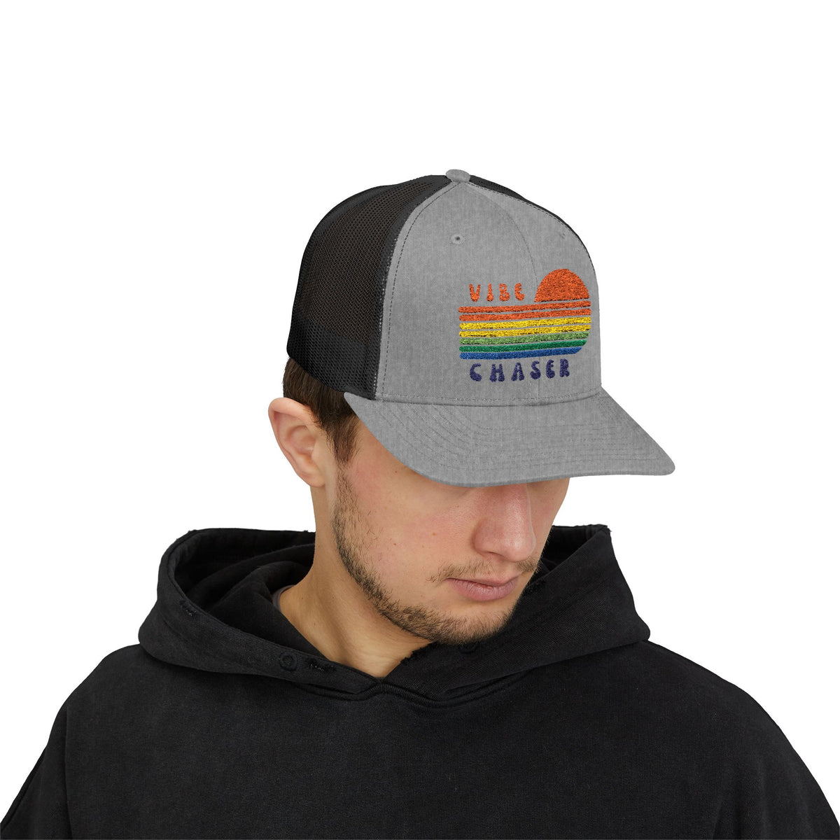 Vibe Chaser Trucker Hat – Retro Sunset Patch Cap | Outdoor Snapback | Good Vibes Hat