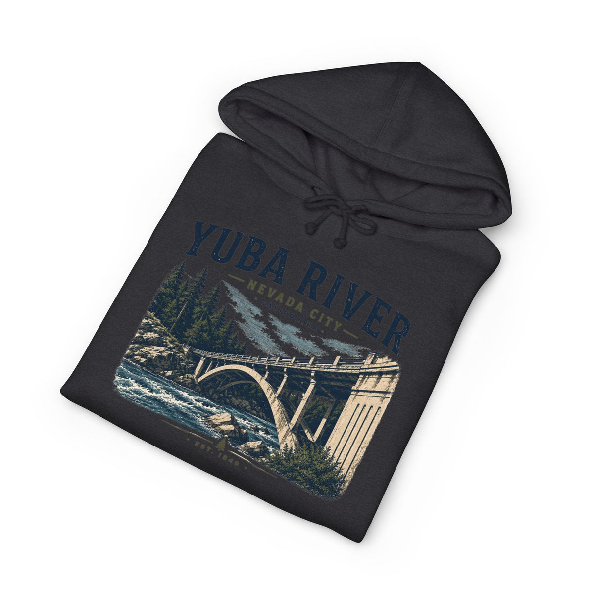 Yuba River Vintage Bridge Hoodie — Nevada City Scenic Outdoor Pullover