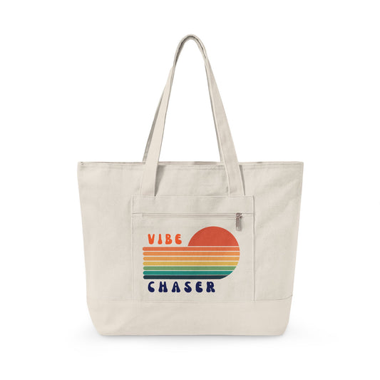 Canvas Tote — "Vibe Chaser" Retro Rainbow Sunset Zippered Tote