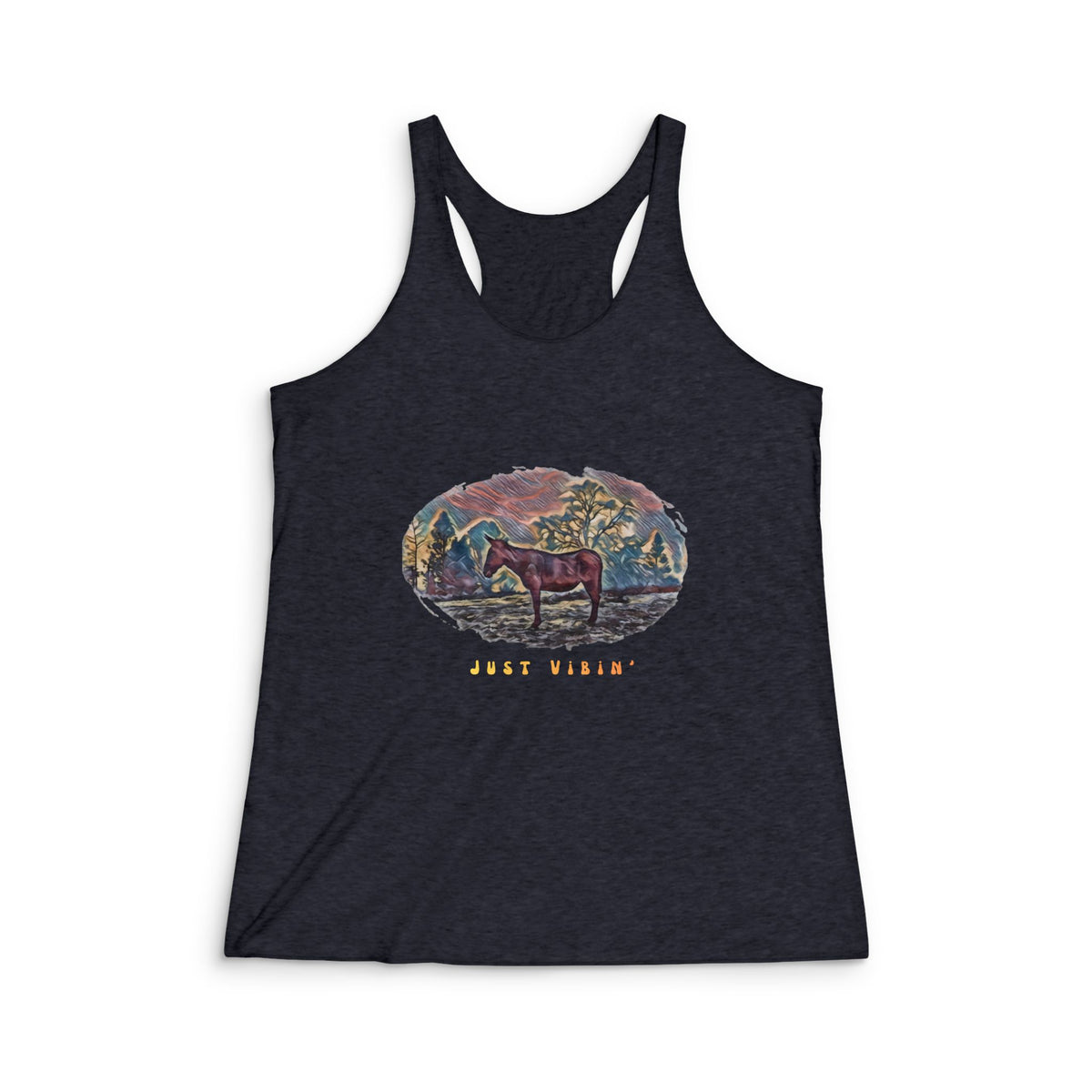 Just Vibin’ Donkey T-Shirt – Vintage Western Graphic Tee | Funny Boho Nature Shirt | Outdoor Vibes Apparel Women's Tri-Blend Racerback Tank