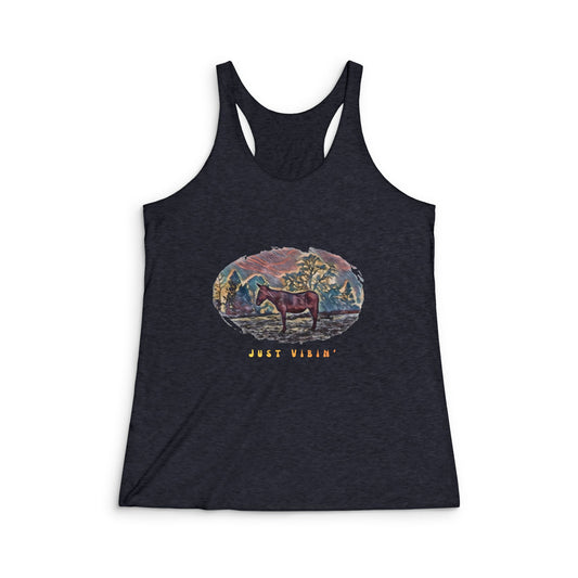 Just Vibin’ Donkey T-Shirt – Vintage Western Graphic Tee | Funny Boho Nature Shirt | Outdoor Vibes Apparel Women's Tri-Blend Racerback Tank