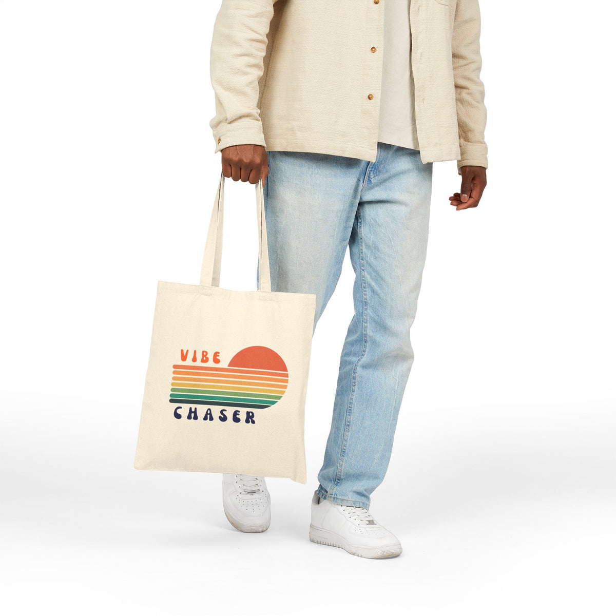 Vibe Chaser Canvas Tote – Retro Sunset Stripe Eco Grocery Bag