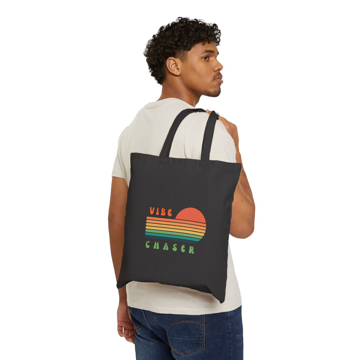 Vibe Chaser Canvas Tote – Retro Sunset Stripe Eco Grocery Bag