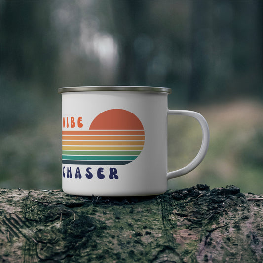 Vibe Chaser Enamel Camping Mug — Retro Sunset Rainbow Camper Cup