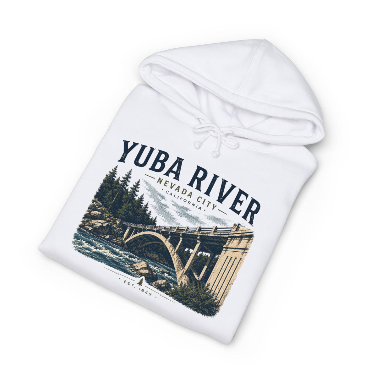 Yuba River Vintage Bridge Hoodie — Nevada City Scenic Outdoor Pullover