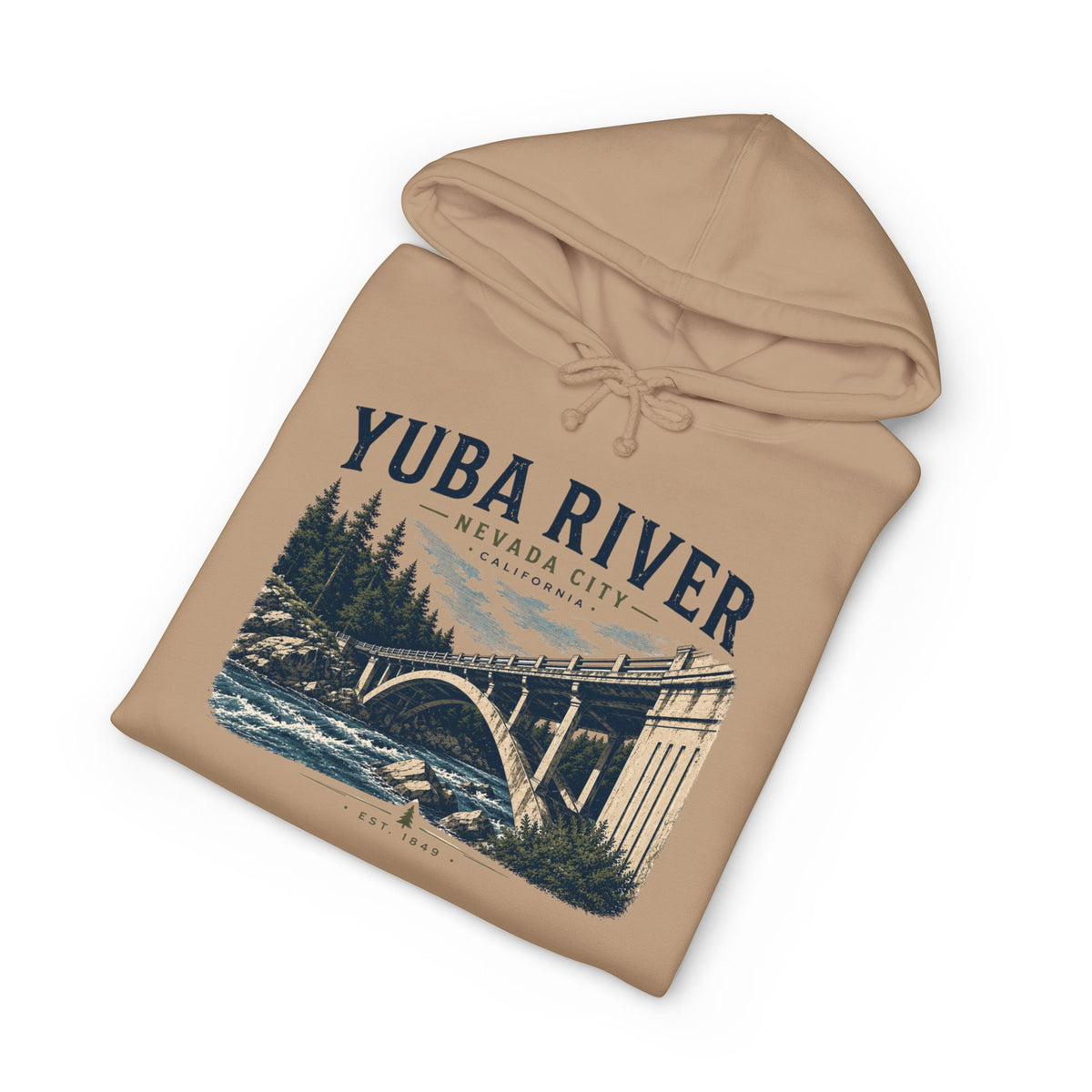 Yuba River Vintage Bridge Hoodie — Nevada City Scenic Outdoor Pullover